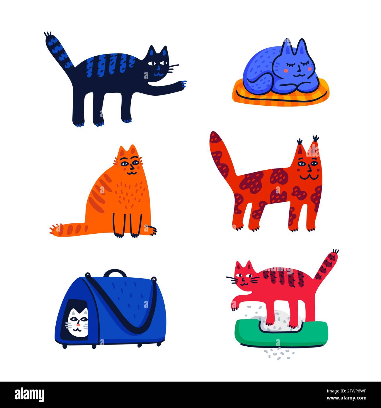 Concetto di cura degli animali domestici. Set di gatti cartoni animati con pelliccia colorata diversa e segni in piedi seduti o a piedi. Cura del gatto, cura del corpo, igiene, salute Illustrazione Vettoriale