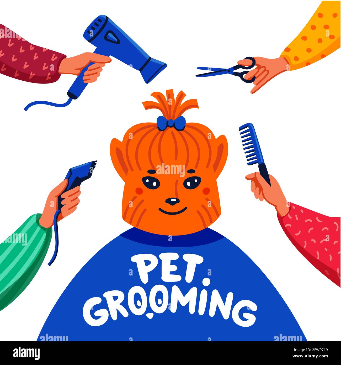 Concetto di cura degli animali domestici. Buon lap-dog e mani con pettine, asciugacapelli, forbici e regolacapelli su sfondo bianco. Cura del cane, cura del corpo, igiene Illustrazione Vettoriale