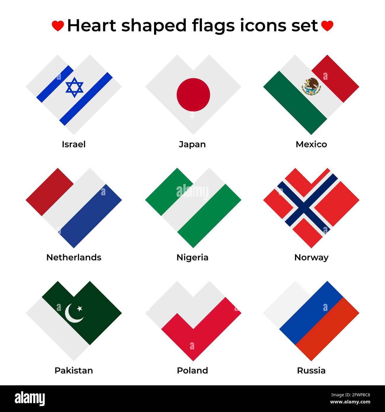Set di icone di bandiere a forma di cuore. Icona a bandiera a forma di cuore rettangolare semplice. Icona vettore, simbolo, pulsante. Illustrazione in stile piatto Illustrazione Vettoriale