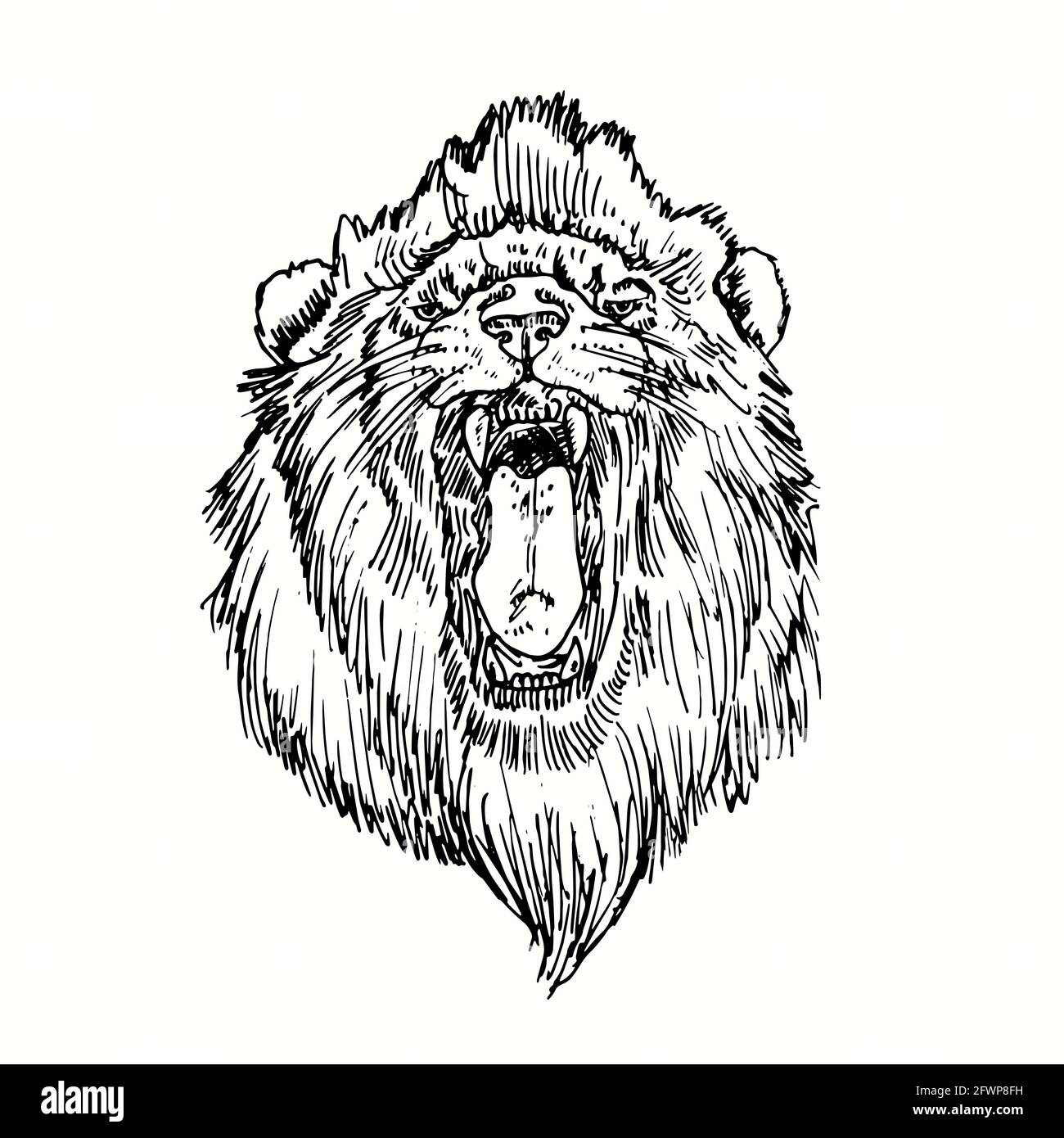 Lion ringhiante muso vista frontale. Inchiostro nero e bianco doodle disegno in legno stile. Foto Stock