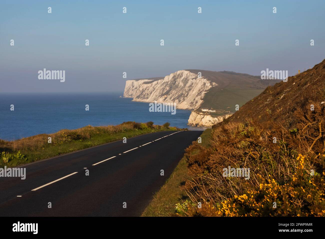 Inghilterra, Isola di Wight, Vista costiera di Empty Road e bianche scogliere Foto Stock