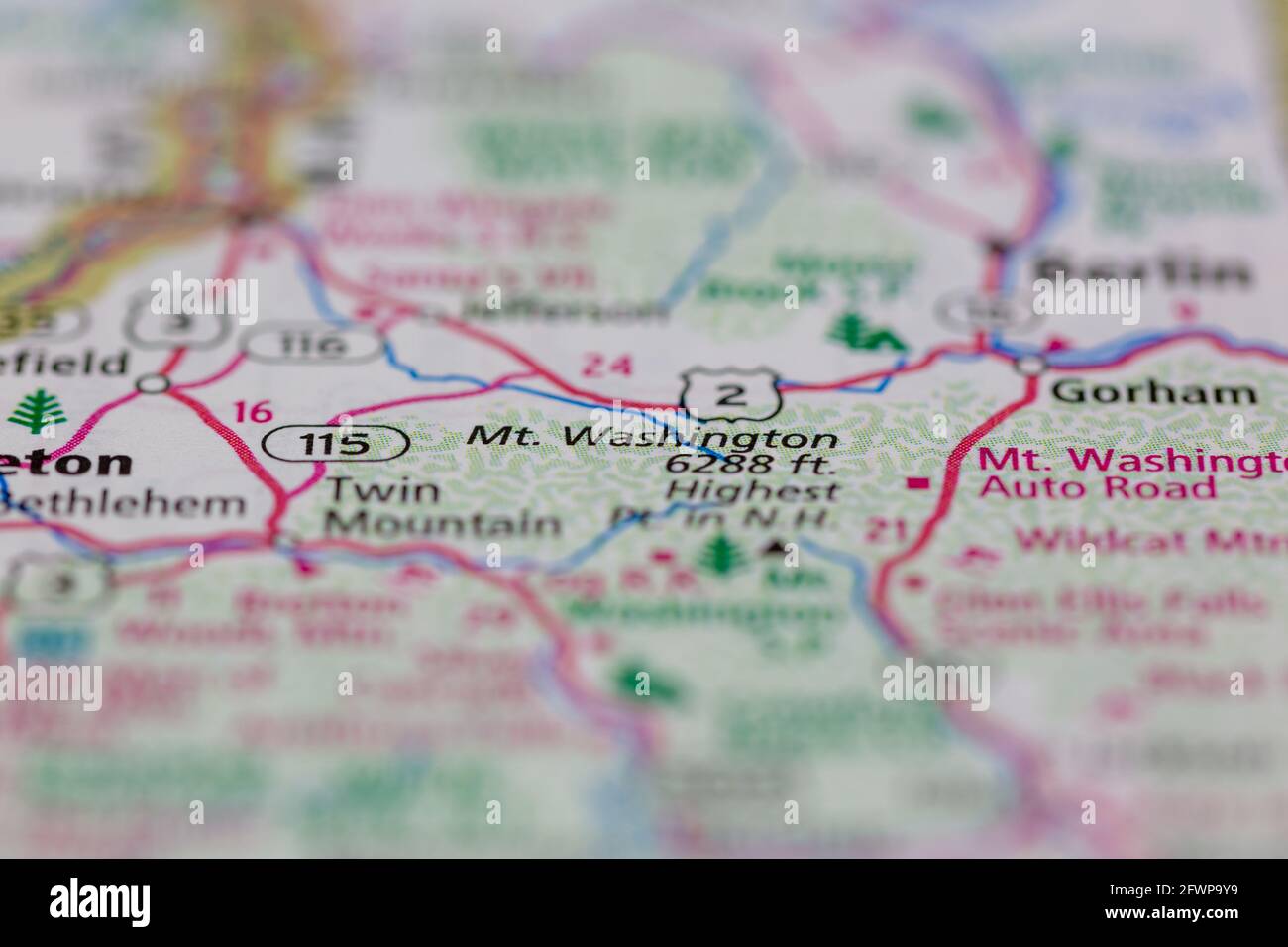 Mount Washington New Hampshire USA mostrato su una mappa geografica O Mappa stradale Foto Stock