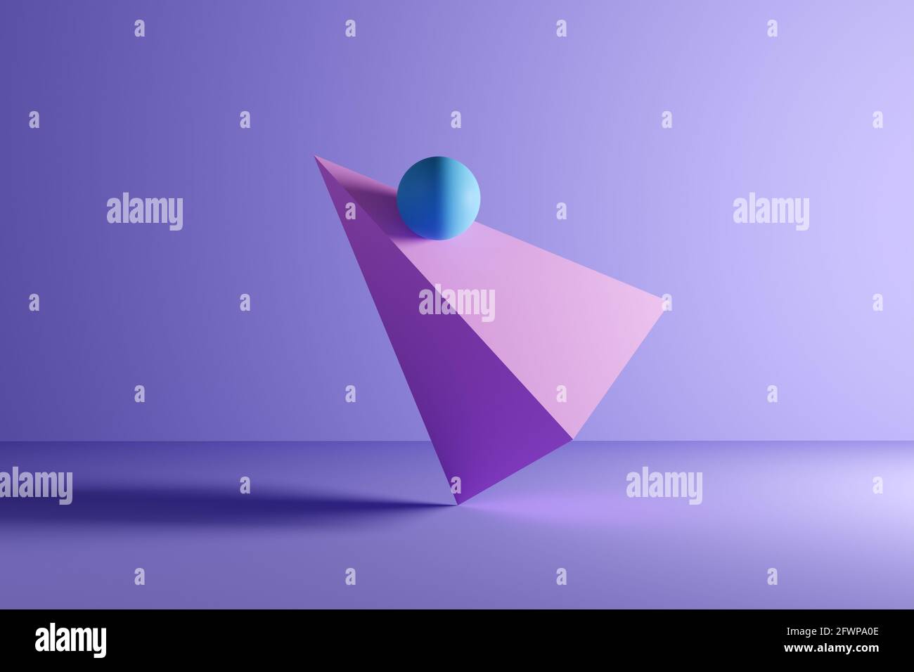Sfera o sfera in equilibrio su un prisma piramidale rotante forma geometrica su sfondo viola. Illustrazione di sfondo 3D astratta. Foto Stock