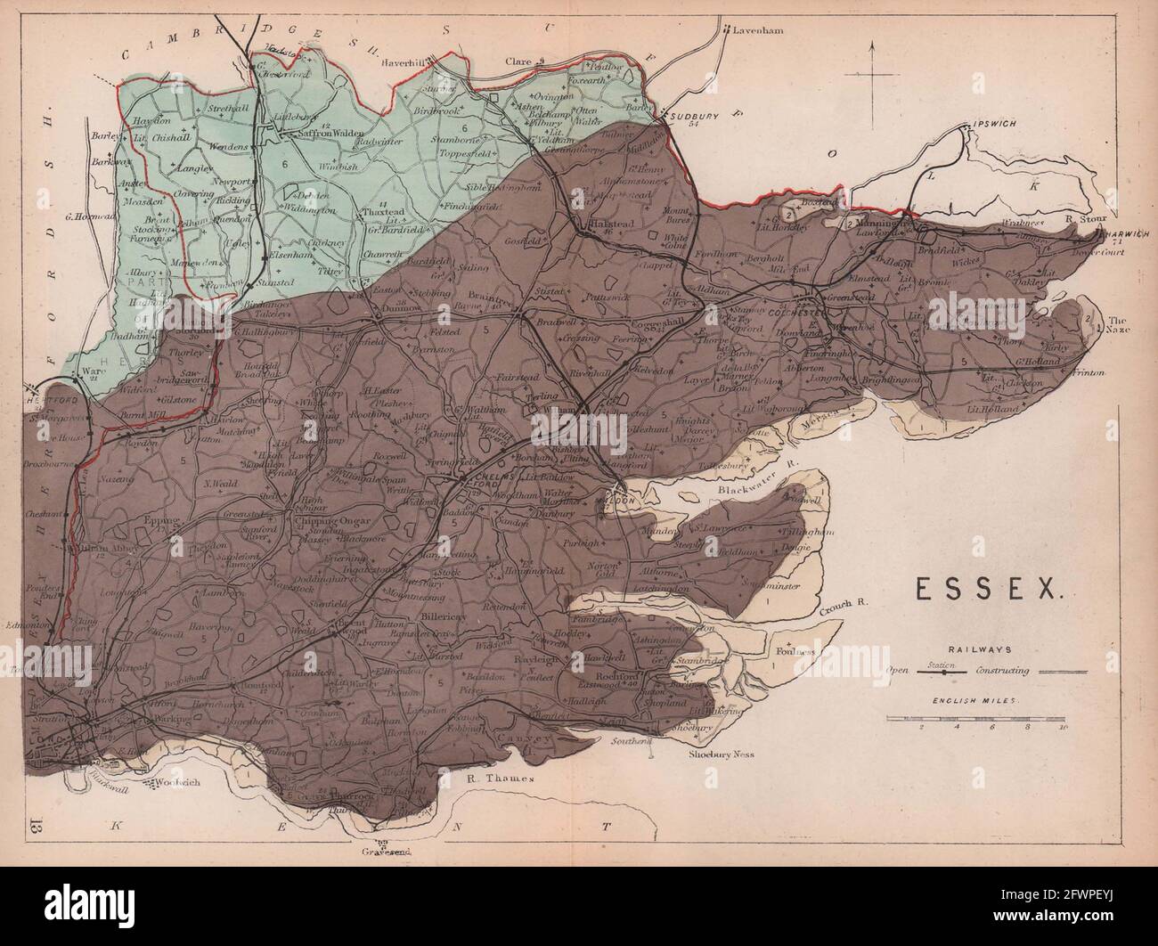 ESSEX antica mappa geologica della contea di James Reynolds 1864 Foto Stock