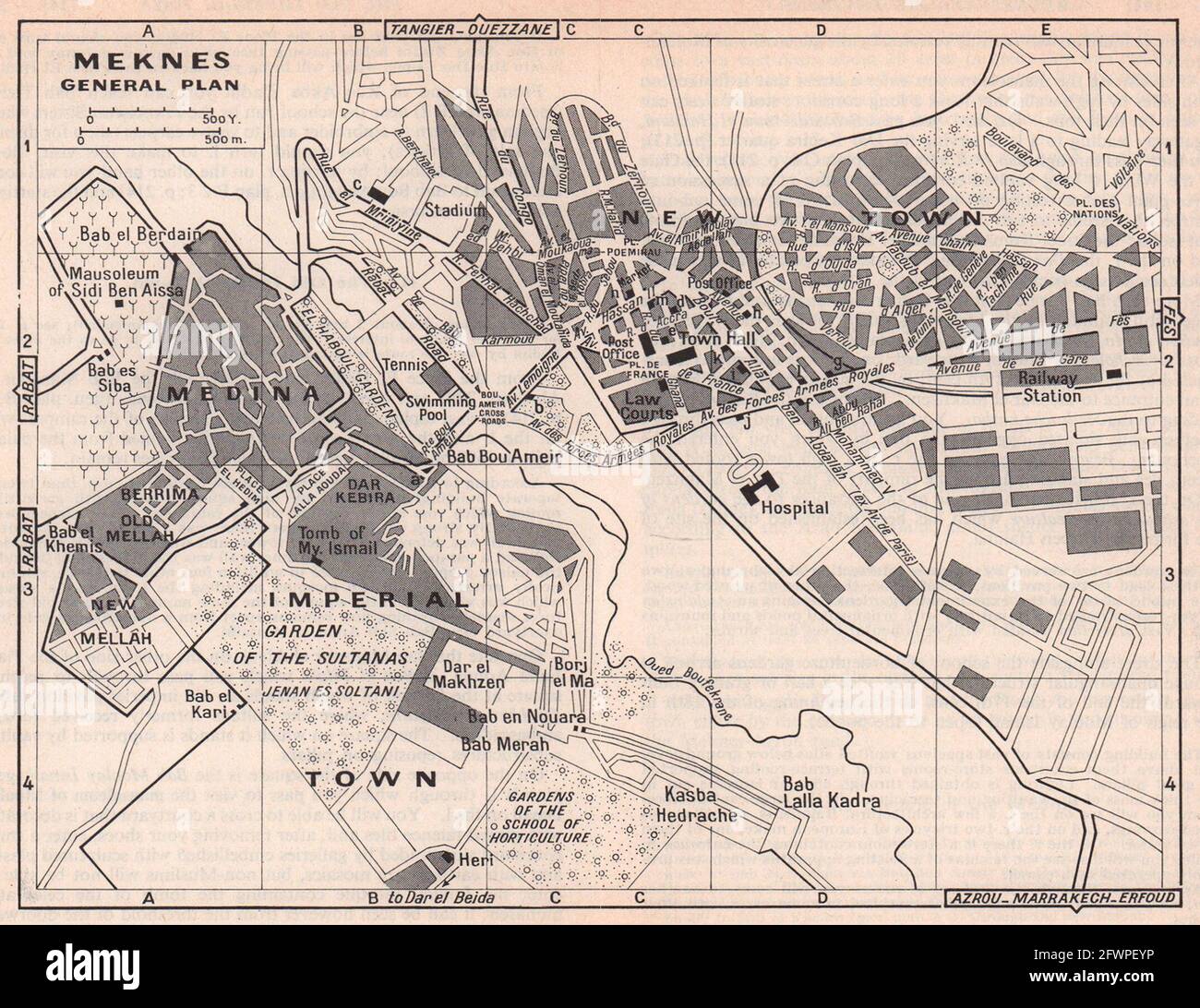 Meknes - piano generale città d'epoca piano turistico. Marocco 1966 vecchia mappa Foto Stock