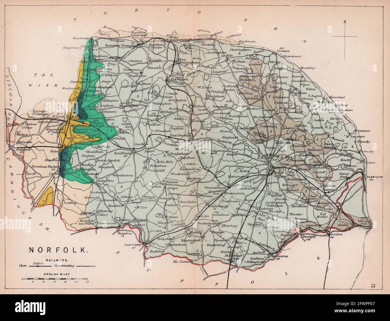 NORFOLK antica mappa geologica della contea di James Reynolds 1864 Foto Stock