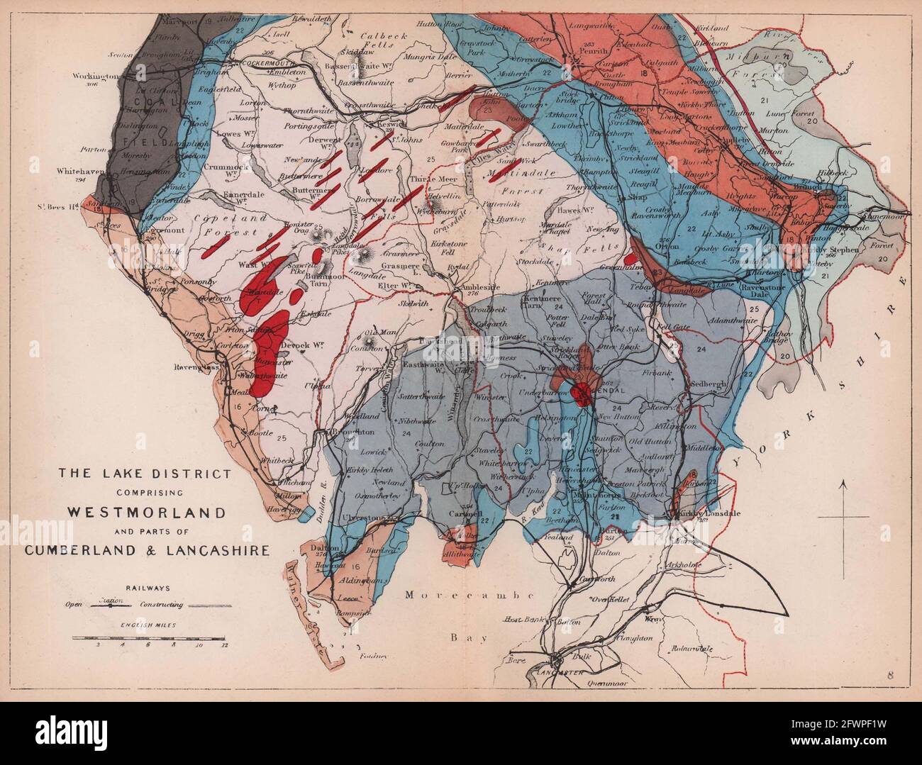 LAKE DISTRICT. Westmoreland Cumberland Lancashire mappa geologica. REYNOLDS 1864 Foto Stock