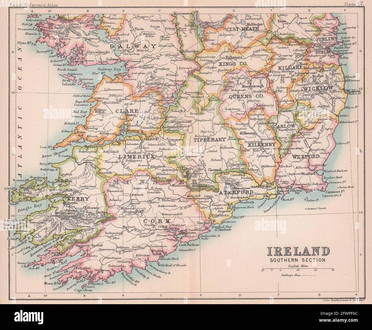 Irlanda, sezione meridionale. BARTOLOMEO 1893 vecchia mappa vintage mappa piano Foto Stock