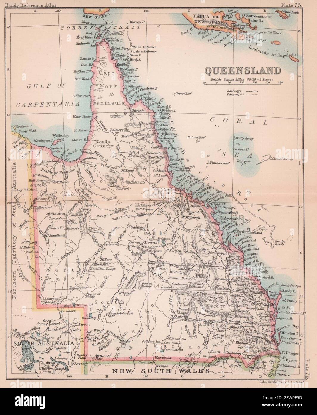 Queensland. BARTOLOMEO 1893 vecchia mappa vintage mappa piano Foto