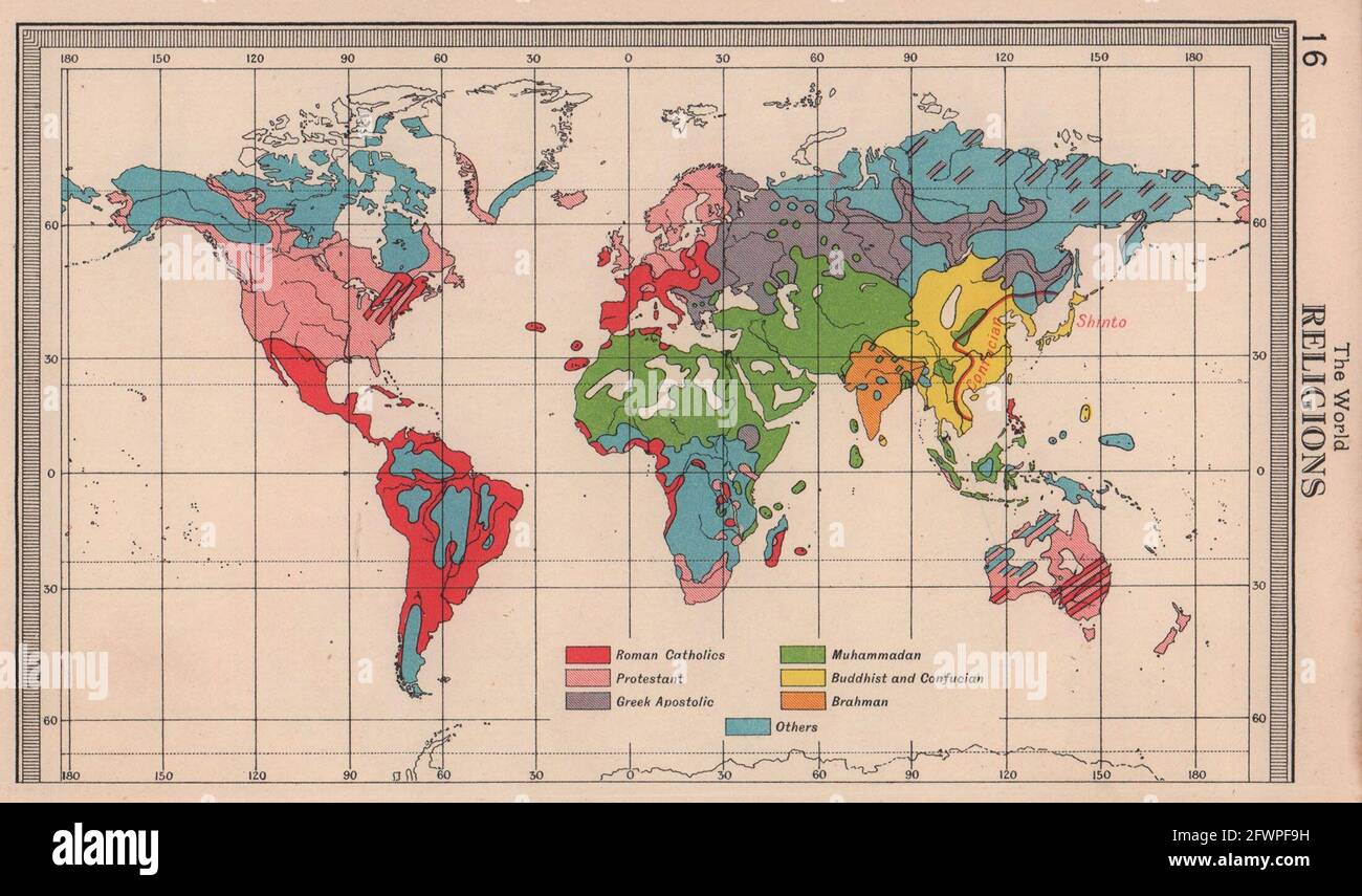 Mondo - religioni. Buddista cristiano indù musulmano. BARTOLOMEO 1949 vecchia mappa Foto Stock