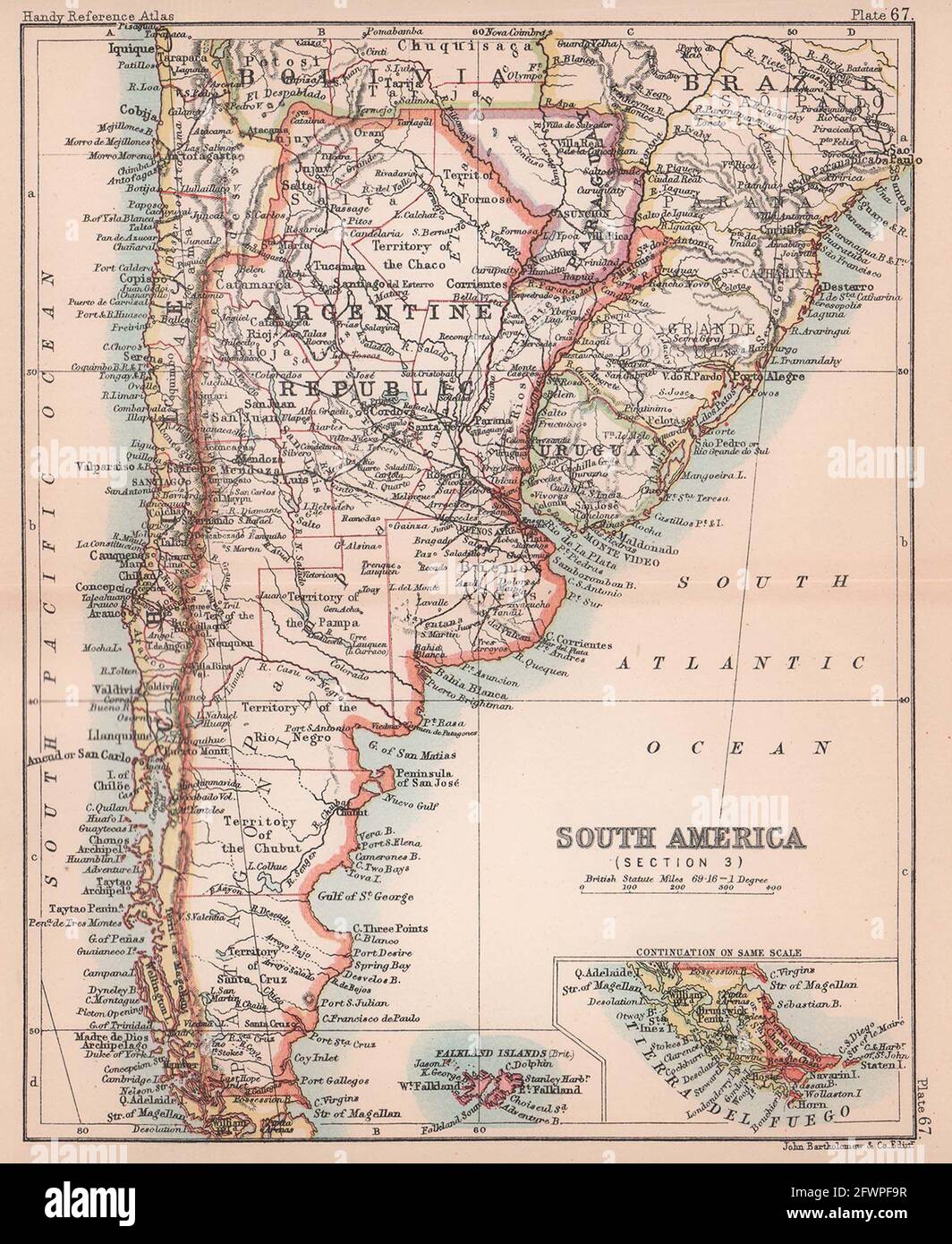 America del Sud 3. Argentina Cile Patagonia Paraguay. BARTOLOMEO 1893 vecchia mappa Foto Stock