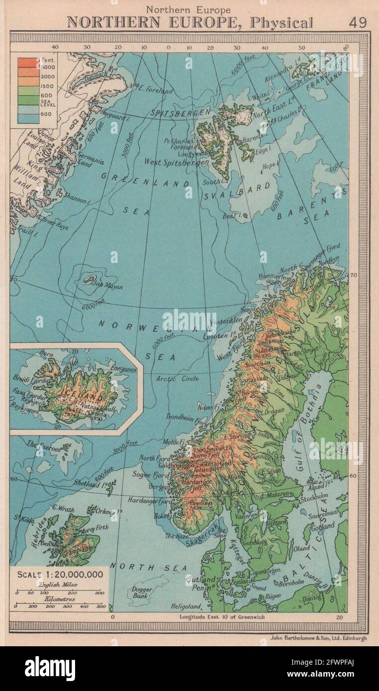 Nord Europa - fisica. Scandinavia Svalbard. BARTOLOMEO 1949 vecchia mappa Foto Stock