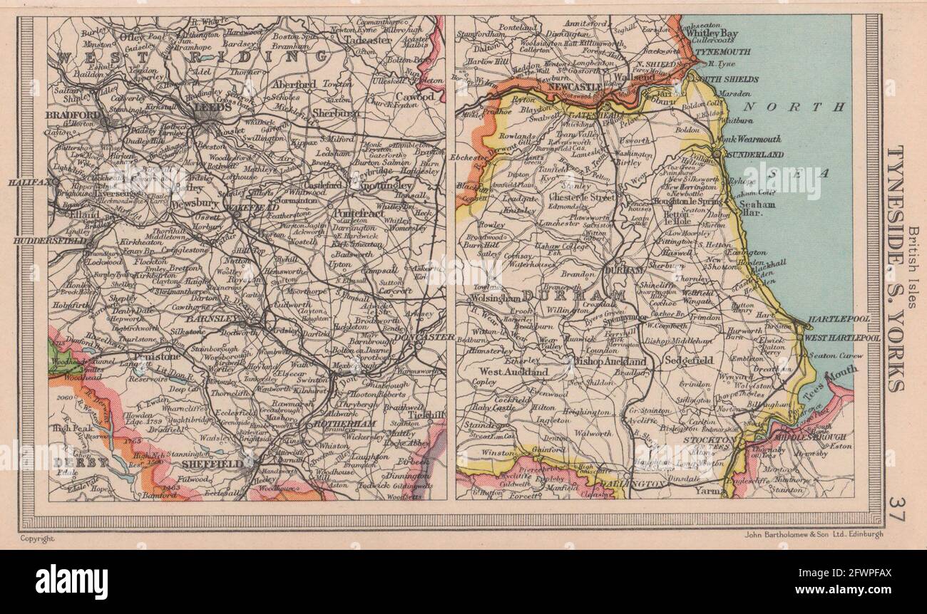 Tyneside e South Yorkshire. Contea di Durham. BARTOLOMEO 1949 vecchia mappa vintage Foto Stock