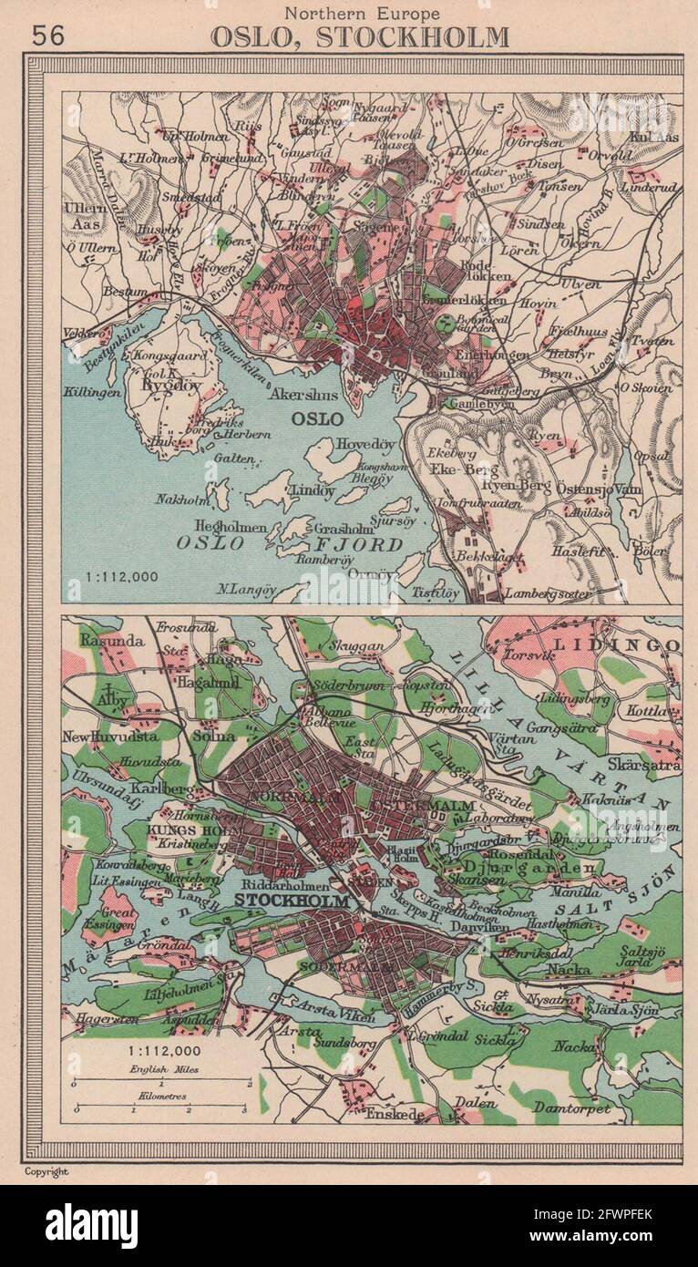 Città scandinave. Dintorni di Oslo e Stoccolma. BARTOLOMEO 1949 vecchia mappa Foto Stock