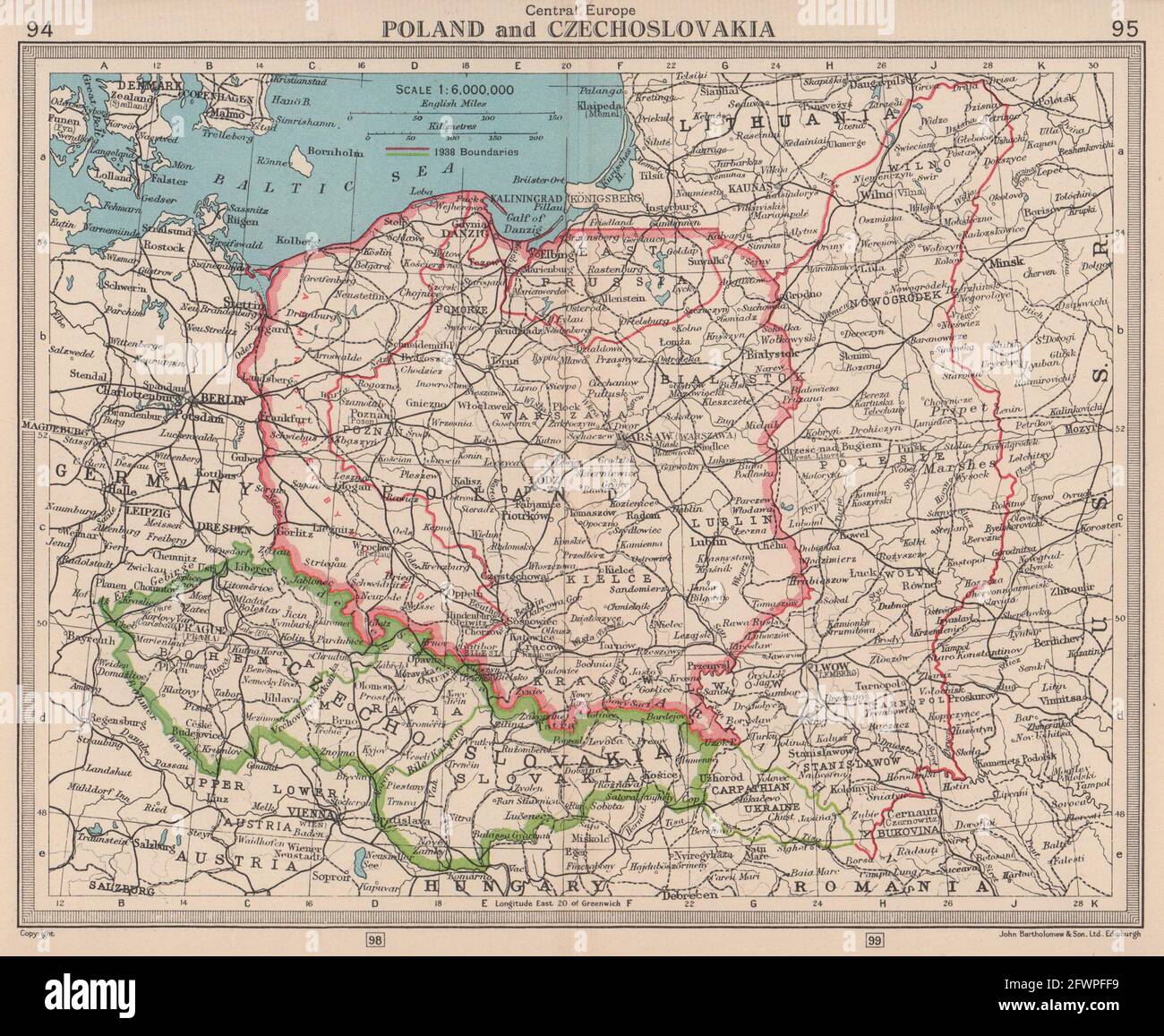 Polonia e Cecoslovacchia. Visualizzazione dei bordi 1938 e 1945. BARTOLOMEO 1949 vecchia mappa Foto Stock