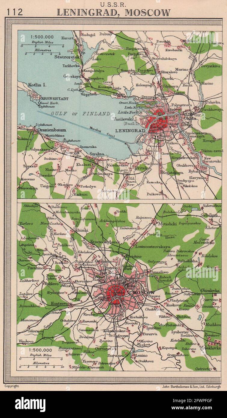 U.S.R. Città russe. Dintorni di Leningrado e Mosca. BARTOLOMEO 1949 vecchia mappa Foto Stock