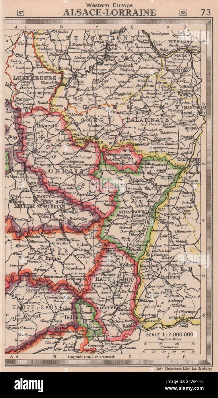 Alsazia Lorena. Saar Protettorato Saarprotektorat. BARTOLOMEO 1949 vecchia mappa Foto Stock