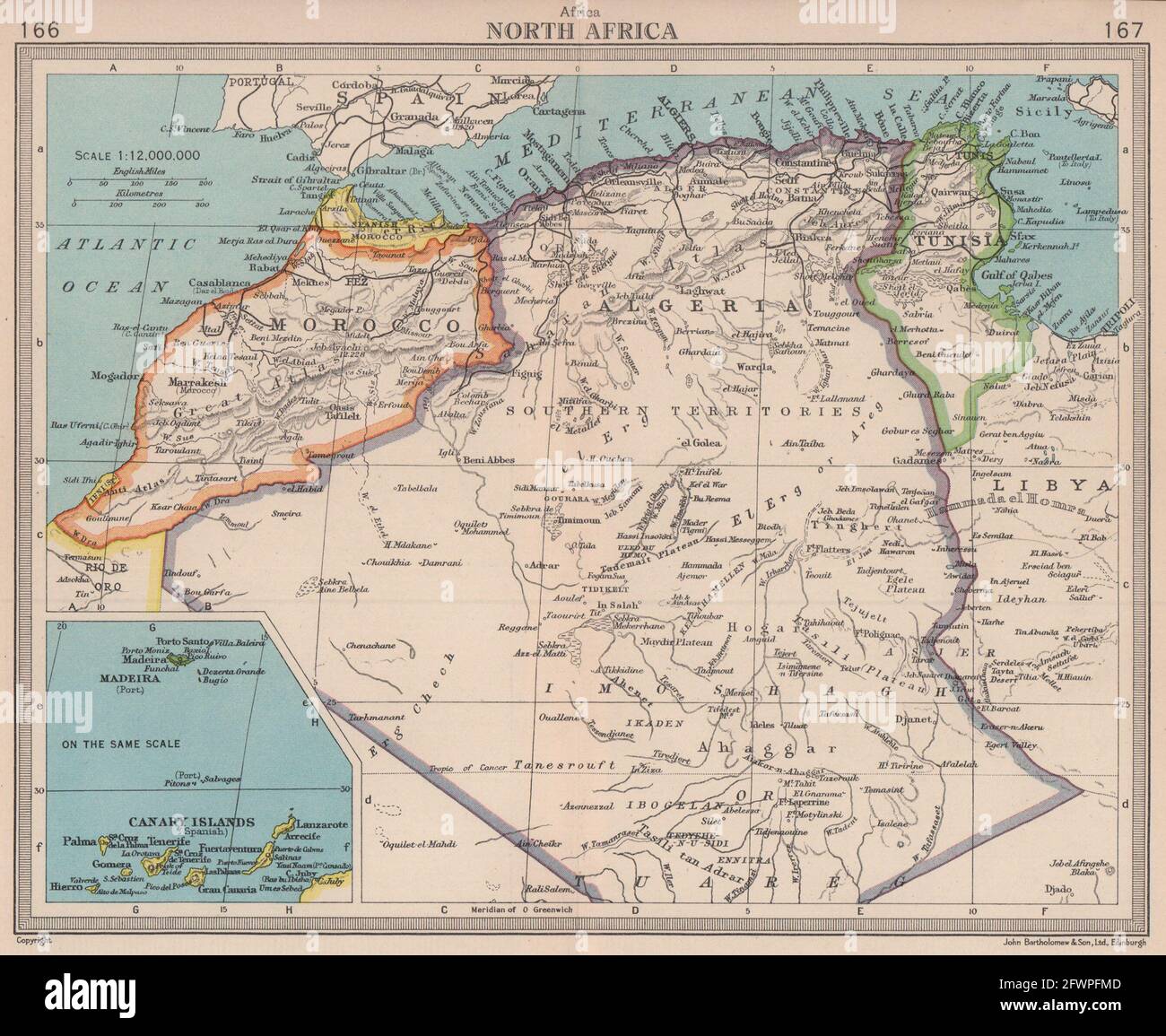 Spagna Marocco Ifni Algeria Tunisia Isole Canarie Madeira BARTOLOMEO 1949 mappa Foto Stock