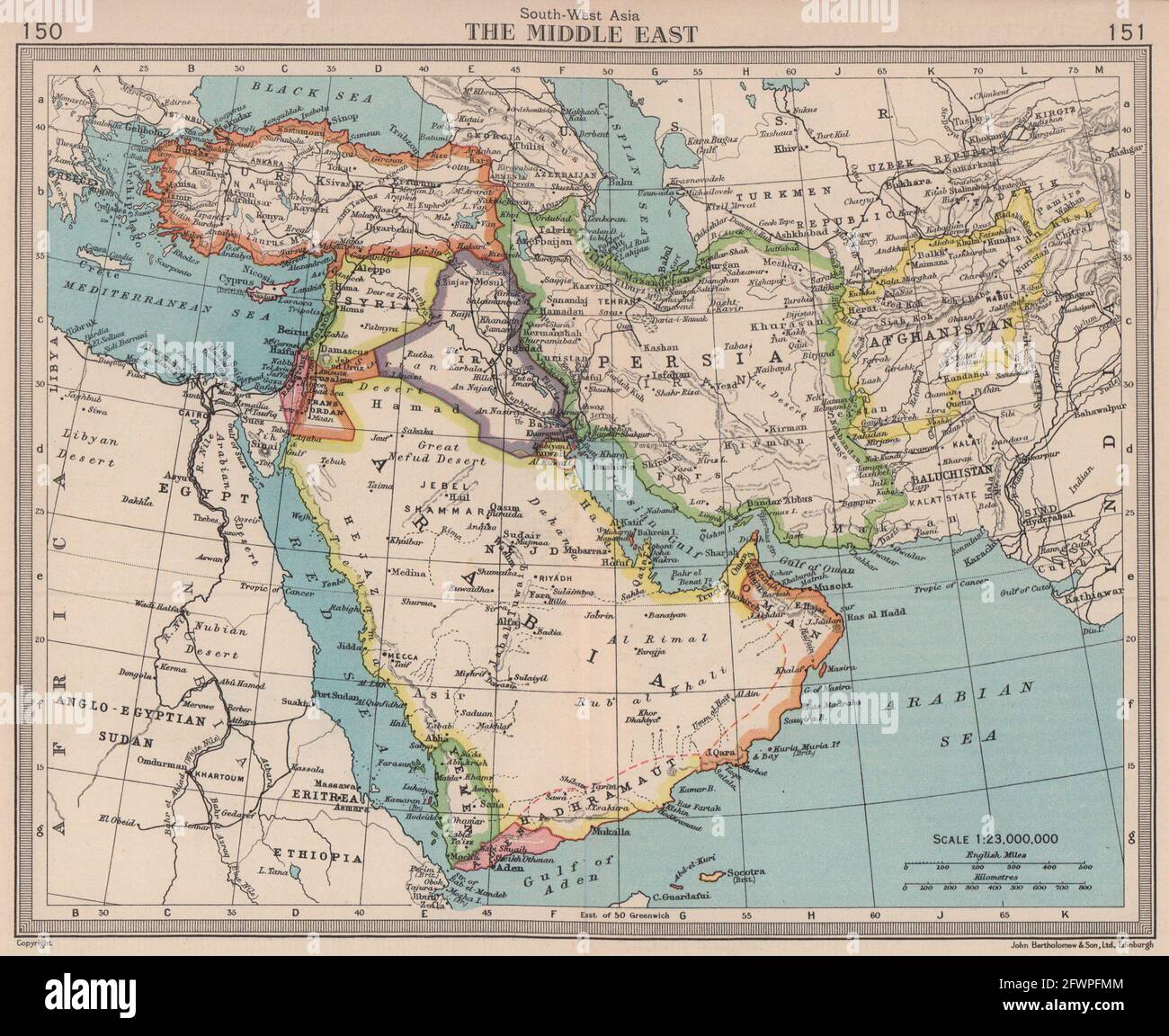 Medio Oriente. Trucial Oman / Emirati Arabi Uniti Persia Aden Iraq. BARTOLOMEO 1949 vecchia mappa Foto Stock