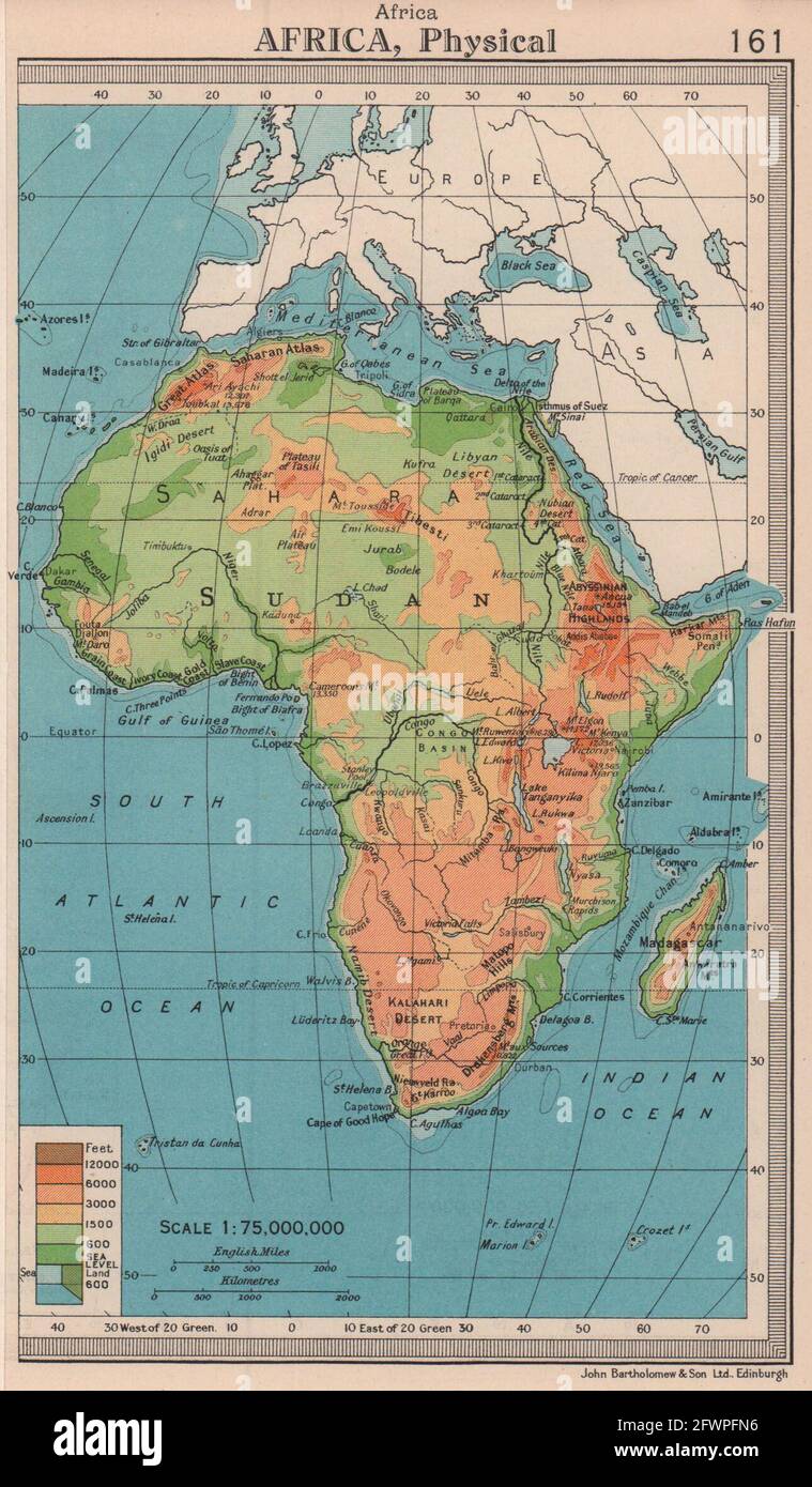 Africa fisico. BARTOLOMEO 1949 vecchia mappa vintage mappa piano Foto Stock