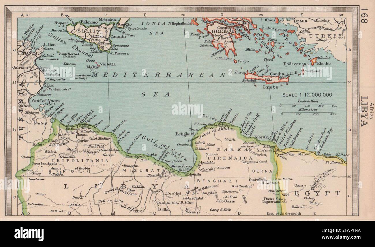 Costa Libia e Mediterraneo centrale. BARTOLOMEO 1949 vecchia mappa vintage Foto Stock