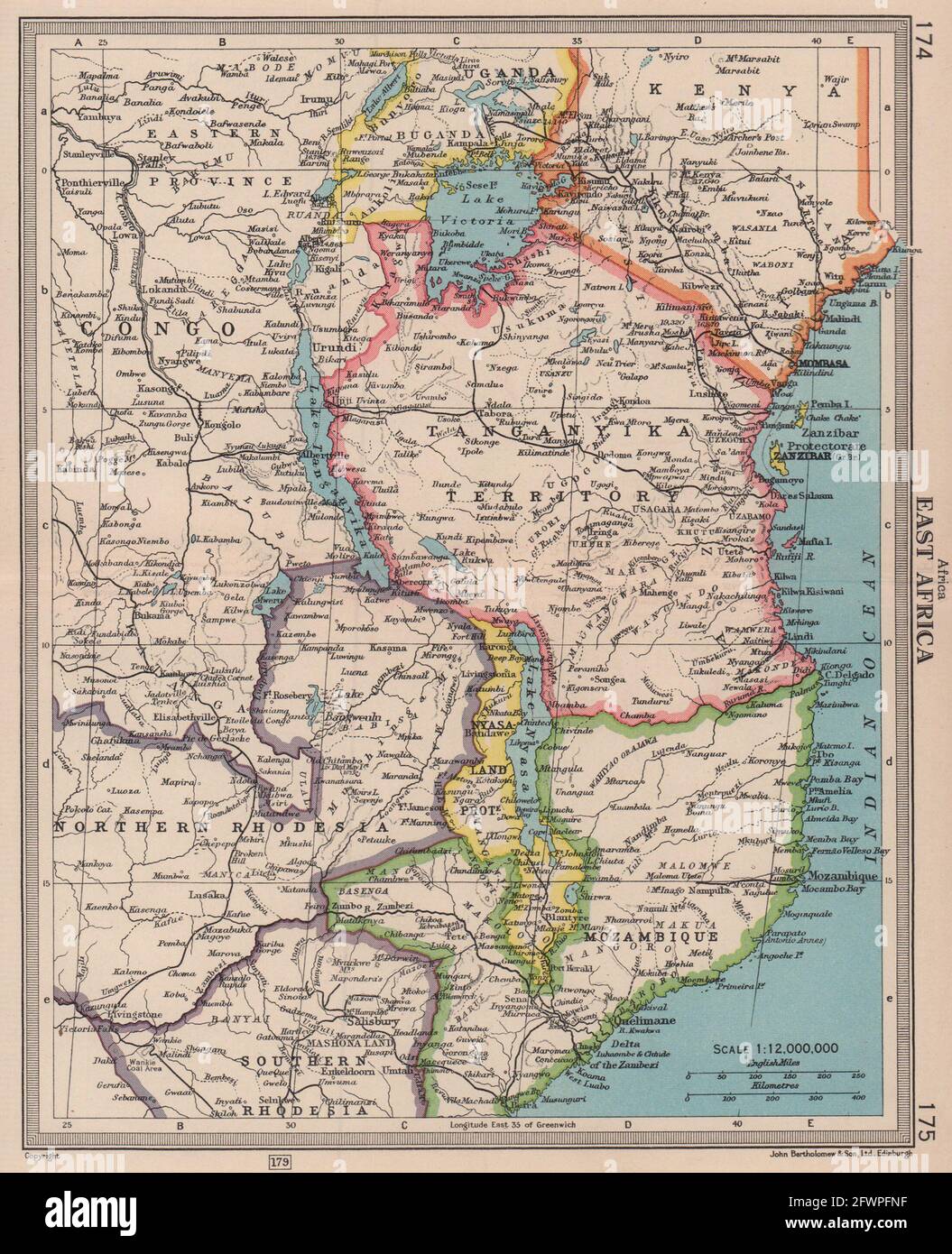 Africa Orientale Tanganyika Tanzania Rodesia Mozambico. BARTOLOMEO 1949 vecchia mappa Foto Stock