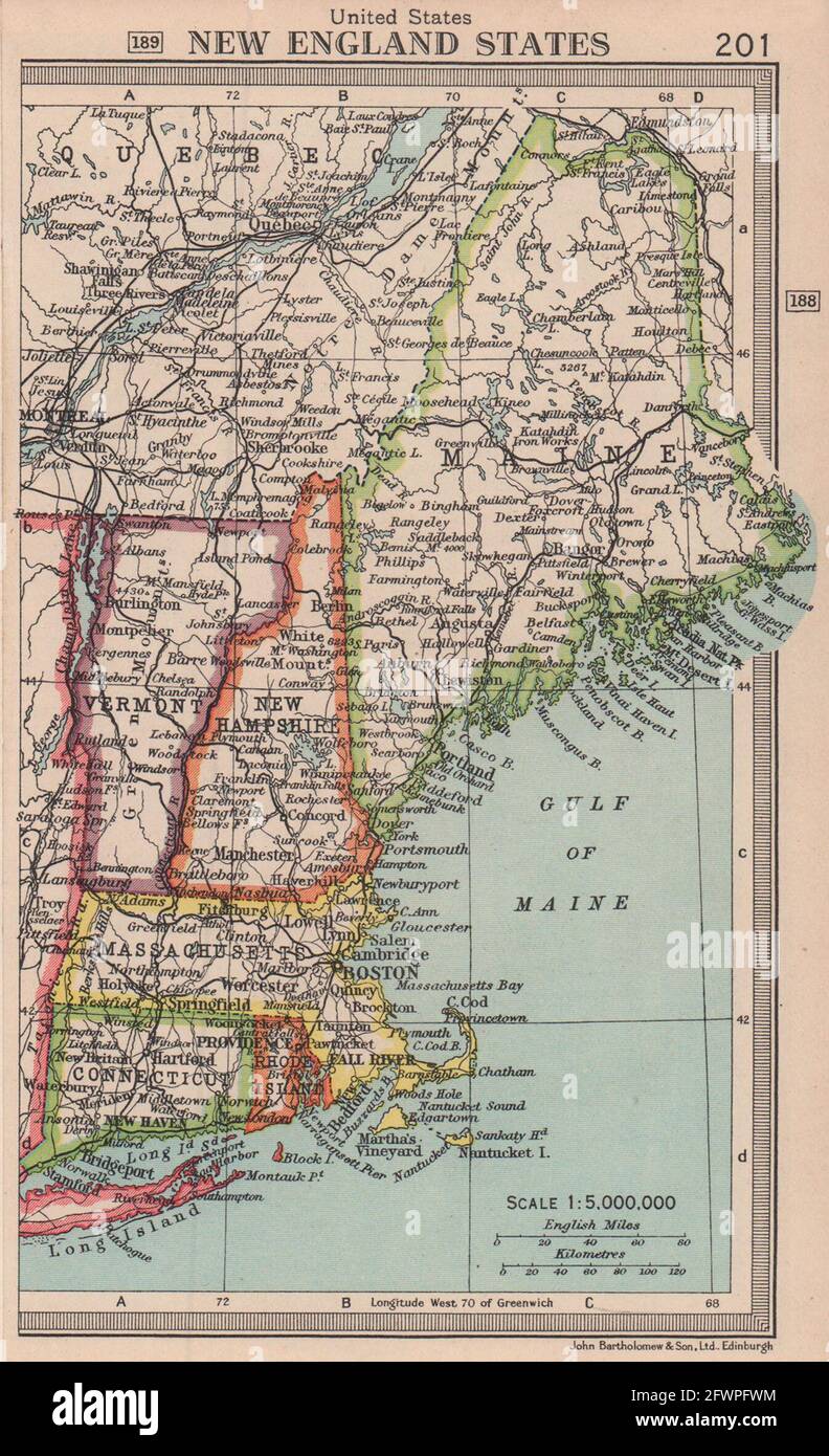 Stati del New England. MAINE MA NH VT CT RI. BARTOLOMEO 1949 vecchia mappa vintage Foto Stock