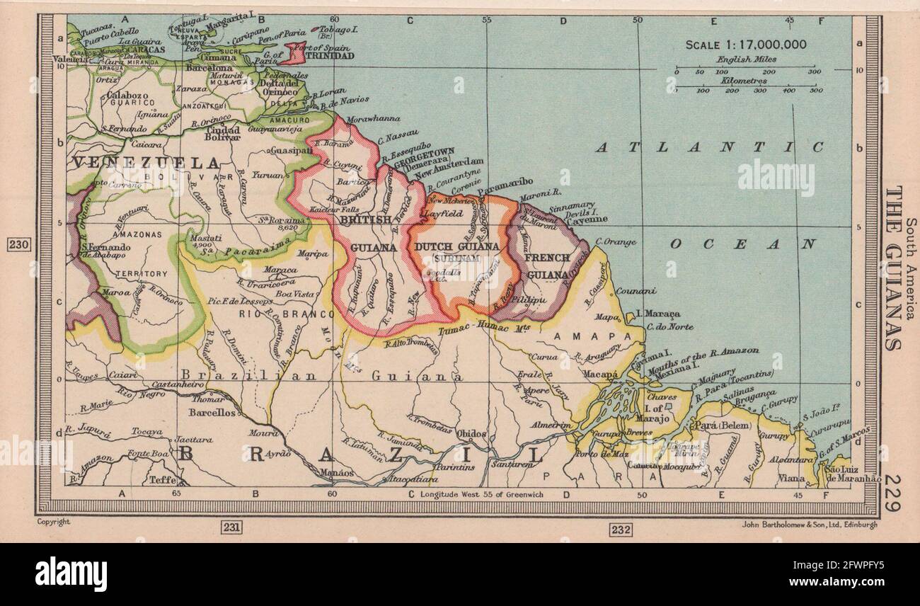 Le Guianas. Inglese, Guiana francese e Suriname. BARTOLOMEO 1949 vecchia mappa Foto Stock