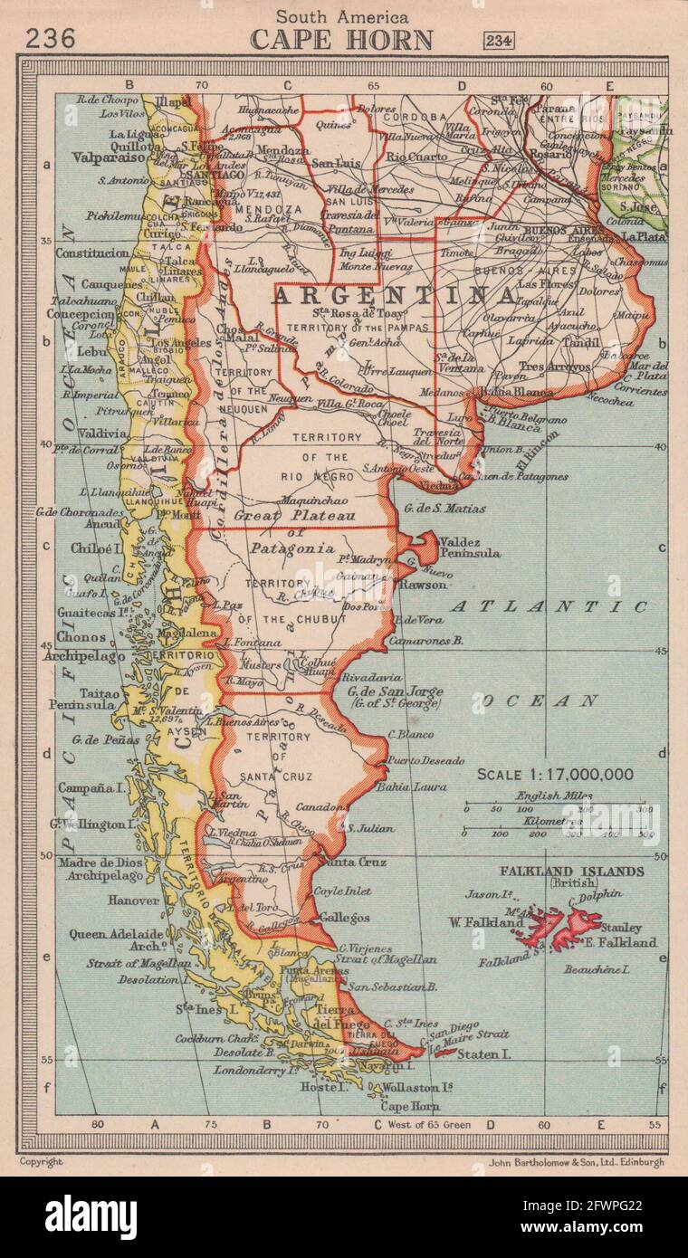 Capo Horn. Argentina e Cile. Patagonia. BARTOLOMEO 1949 vecchia mappa vintage Foto Stock