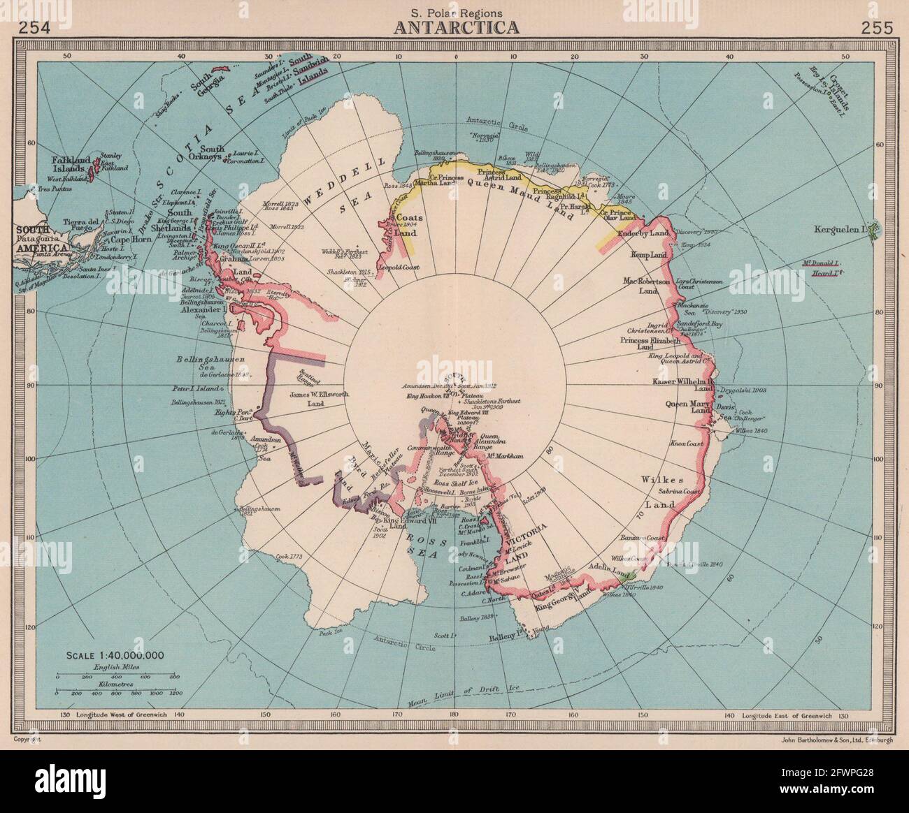 Regioni polari del sud. Antartide. BARTOLOMEO 1949 vecchia mappa vintage mappa piano Foto Stock