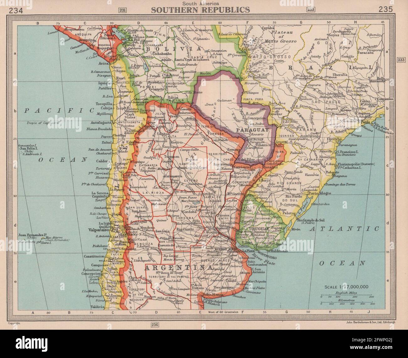 Sud America centrale. Argentina Cile Uruguay Paraguay. BARTOLOMEO 1949 mappa Foto Stock