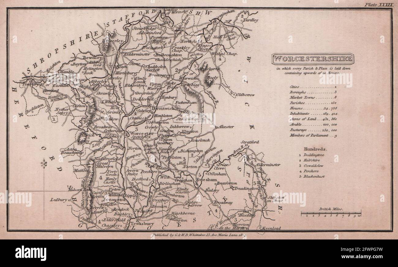 Worcestershire antico copperplate mappa della contea di Benjamin Pitts Capper 1825 Foto Stock