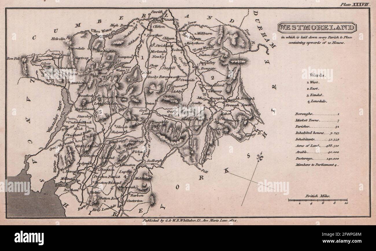 Westmoreland antico copperplate mappa della contea di Benjamin Pitts Capper 1825 Foto Stock