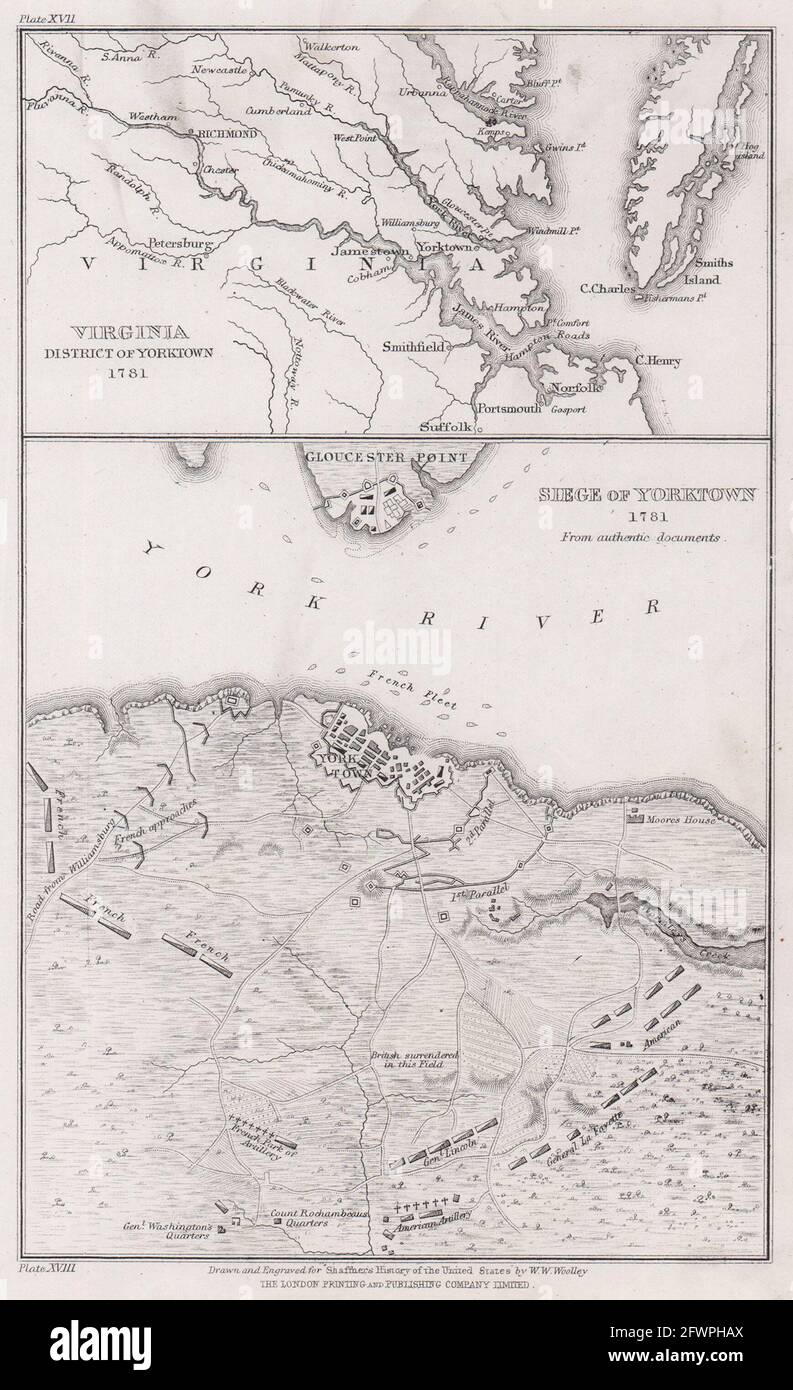 Assedio di Yorktown 1781. Virginia dintorni di Yorktown. WOOLLEY 1863 vecchia mappa Foto Stock