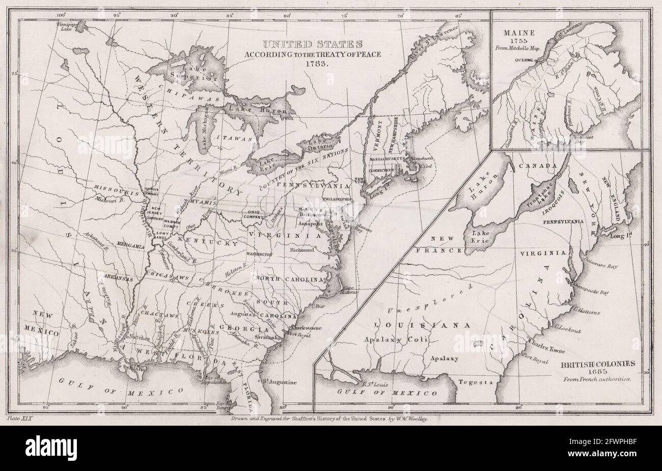 Stati Uniti secondo il trattato di pace del 1783. British Colonies 1685 1863 mappa Foto Stock