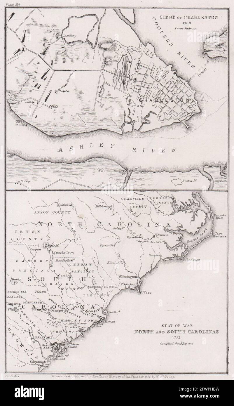 Assedio di Charleston 1780. Guerra rivoluzionaria. Mappa del North South Carolina 1781 1863 Foto Stock