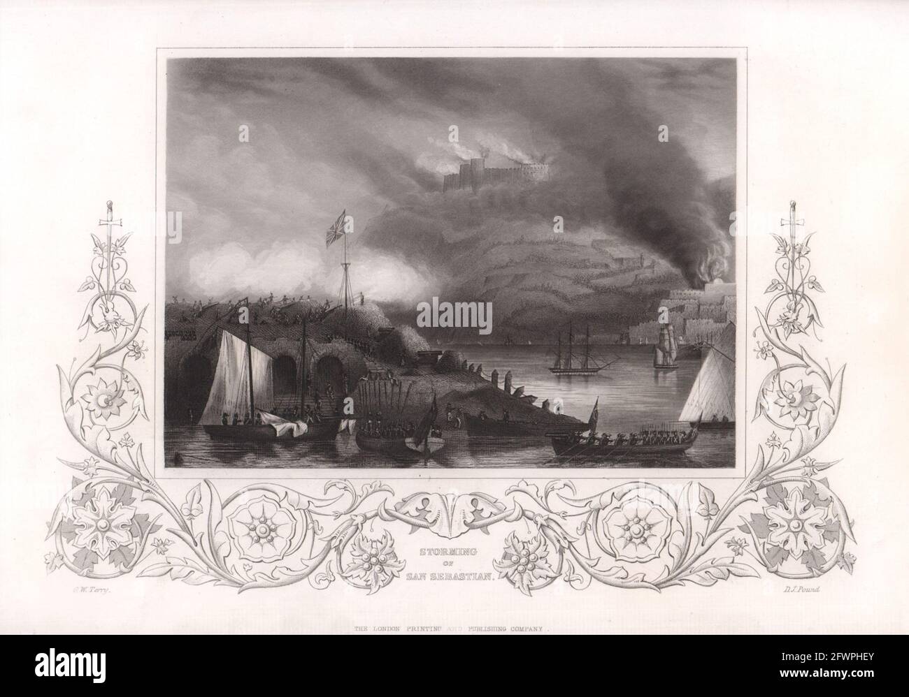 Tempesta di San Sebastian 1813. Guerra della penisola. Spagna. TALLIS c1855 vecchia stampa Foto Stock