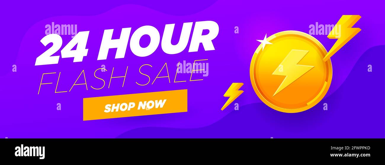 24 ore di vendita banner viola sconto speciale con moneta d'oro grande, negozio ora pulsante e astratto elementi flash su sfondo viola. Illustrazione Vettoriale