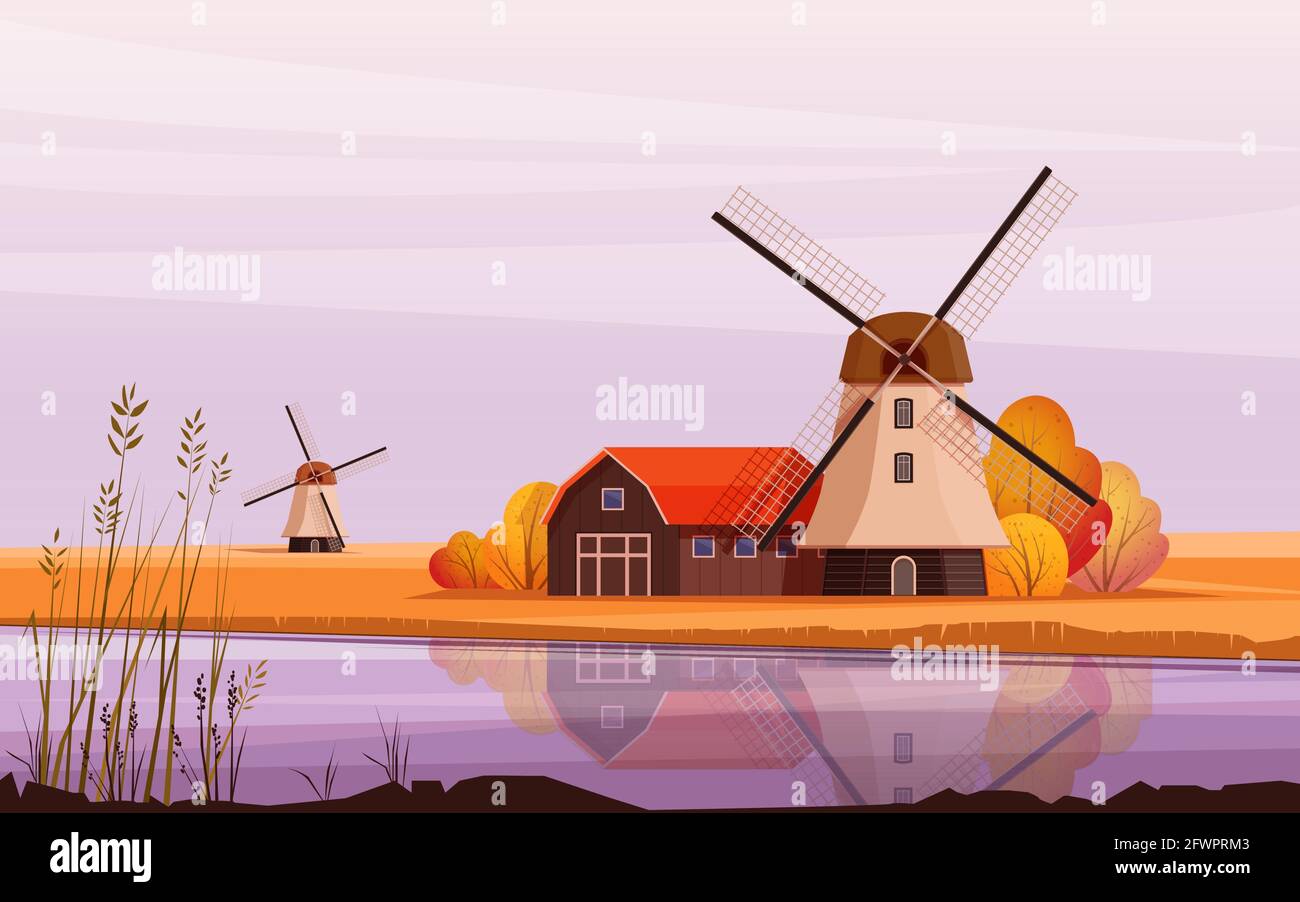 Paesaggio con mulino a vento sulla riva del fiume Illustrazione Vettoriale