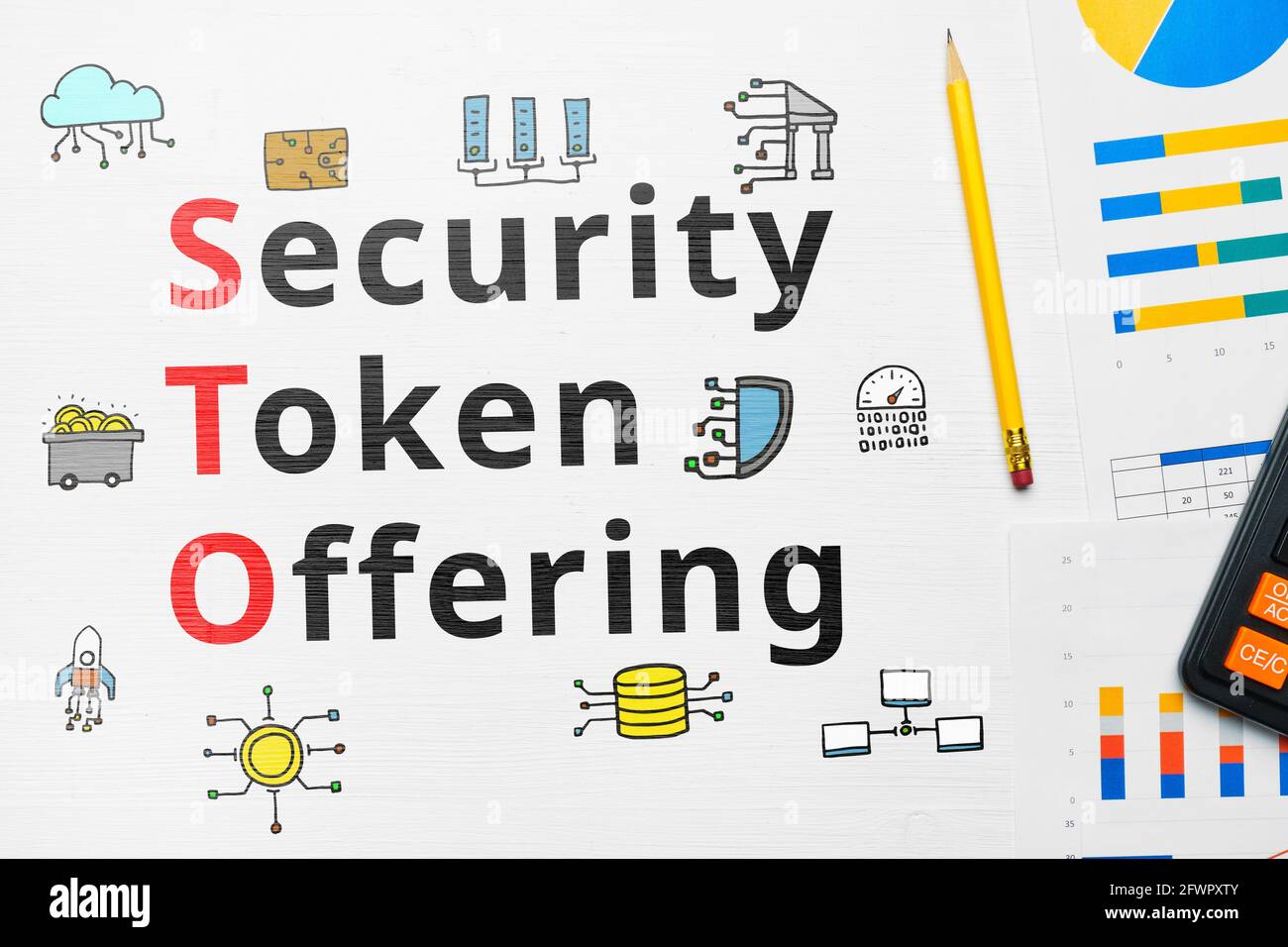 Offerta Concept Sto o Security Token con icone astratte Foto Stock