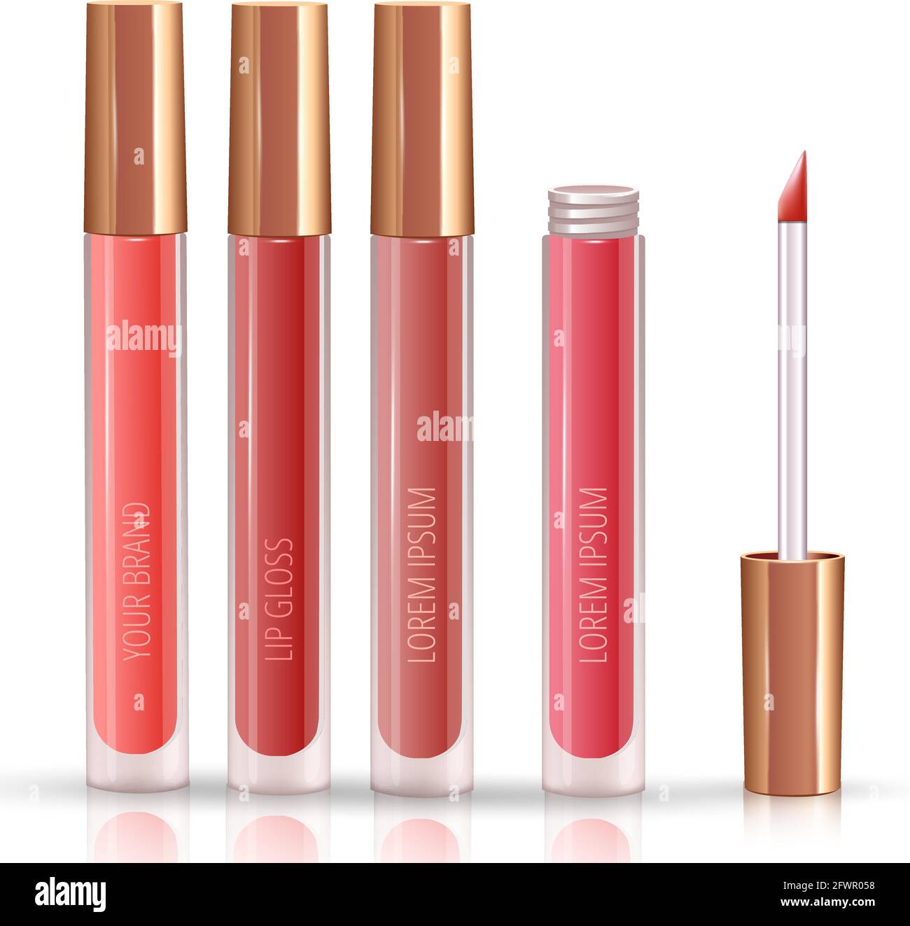 Set per il make-up delle labbra con rossetto liquido realistico. Illustrazione Vettoriale