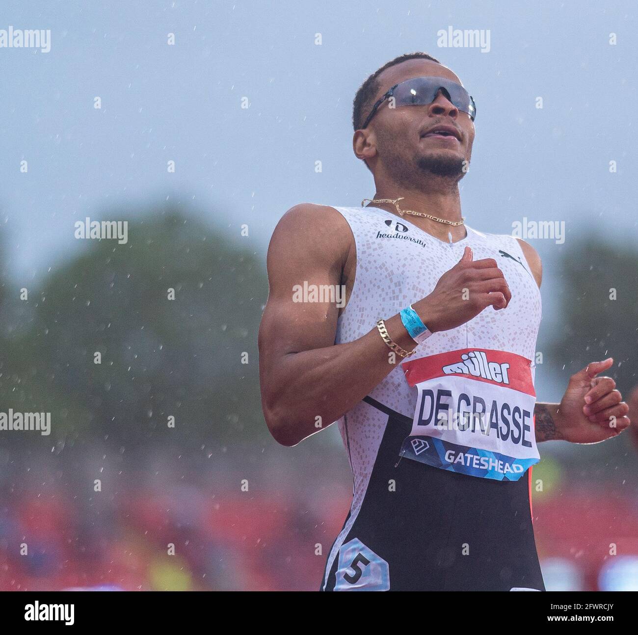 23 maggio 2021; Gateshead International Stadium, Gateshead, Tyne and Wear, Inghilterra; Muller Diamond League Grand Prix Athletics, Gateshead; De Grasse dopo il Mens 200m Foto Stock