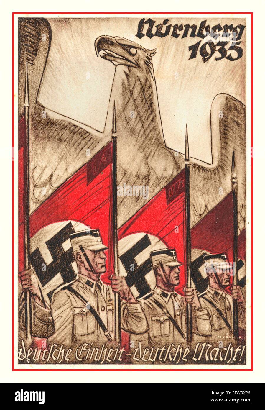 Nürnberg 1930's nazista Propaganda Poster Card Nurnberg 1935 REICHSPARTEITAG 'olandese einheit deutsche nacht' German Unity German Night' con NSDAP Sturmabteilung Portare con sé le bandiere della Swastika nazista con il simbolo dell'aquila tedesca Foto Stock