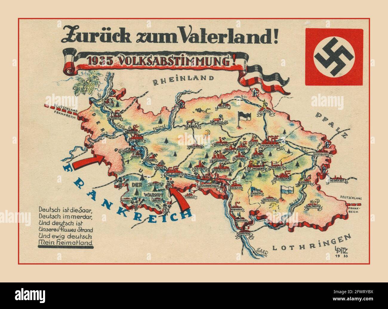 Nazi Germany vintage 'Back to the Fatherland' '1935 REFERENDUM' plebiscito del referendum di Saar, 1935, carta di propaganda per il plebiscito di Saar, una carta con una mappa di Saar e una carta di propaganda colorata inviata per posta nella zona di Saar nel 1935 'la Germania di Saar per sempre' Foto Stock