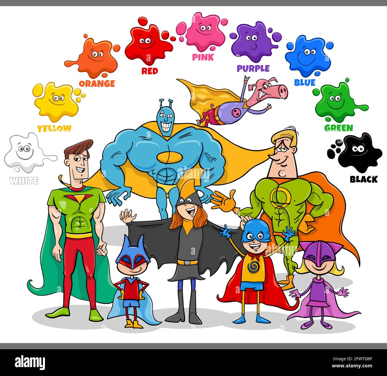 Cartoni animati educativi illustrazione dei colori di base per i bambini con  supereroi gruppo di personaggi fantasy Immagine e Vettoriale - Alamy