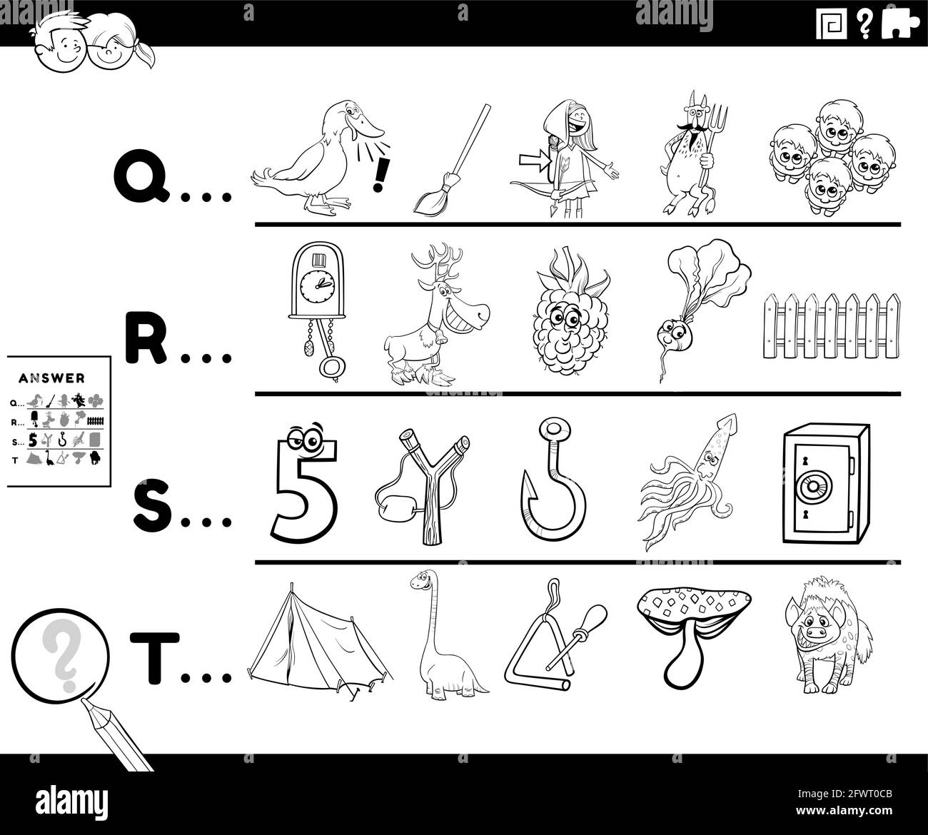 Cartoni animati in bianco e nero illustrazione della ricerca di immagini che iniziano con foglio di lavoro di istruzione di lettera di riferimento per la scuola prescolare o elementare c Illustrazione Vettoriale