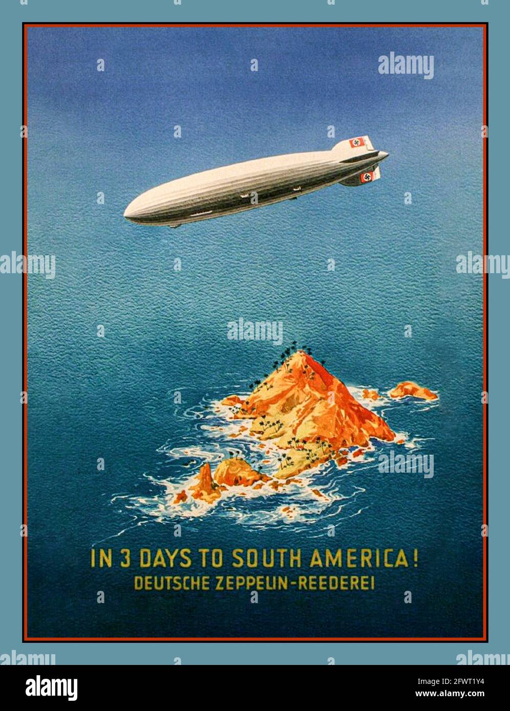 1930's Zeppelin Travel Poster 3 giorni in Sud America da Deutsche Zeppelin Reederei Swastika Tail Fins nazista Germania Foto Stock
