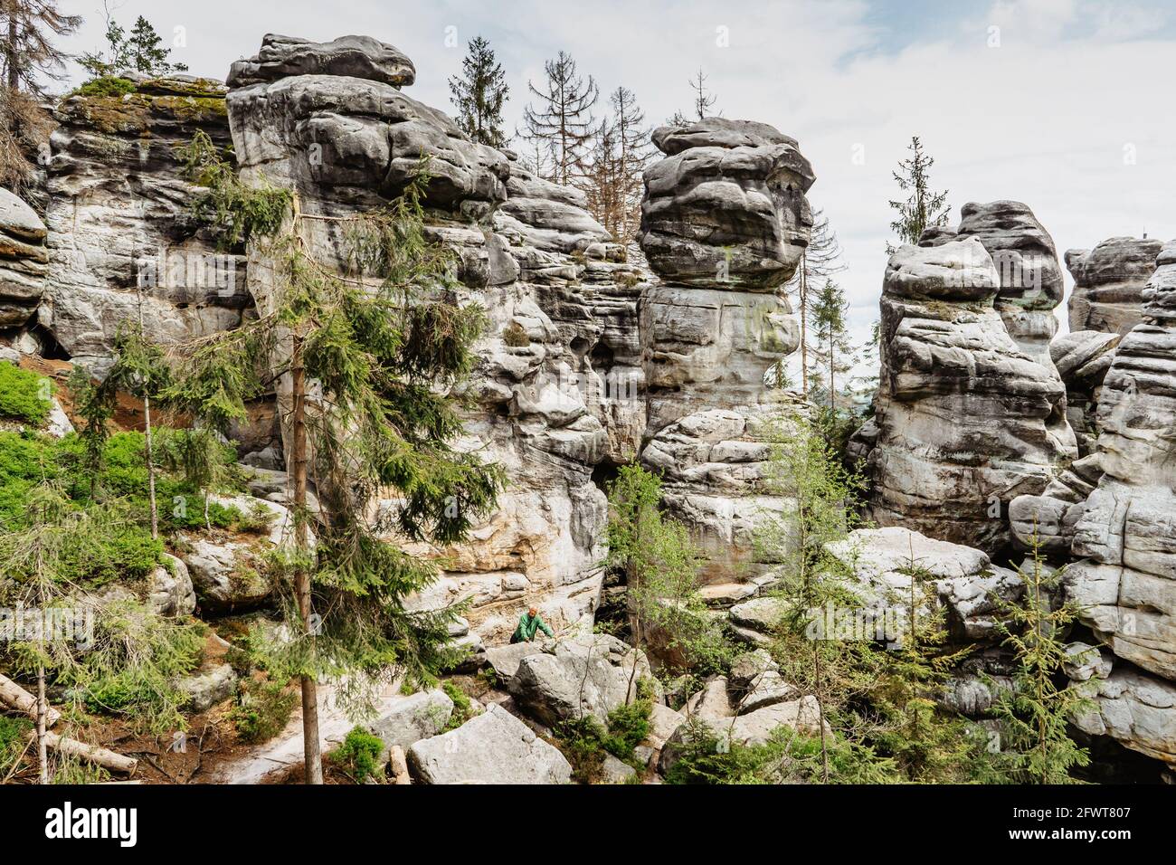 Ostas Riserva Naturale e montagna tabella, regione di Broumov, repubblica Ceca.Vista di rocce, grotte, bizzarro Formazioni di arenaria. Piccola città naturale con labirinto Foto Stock