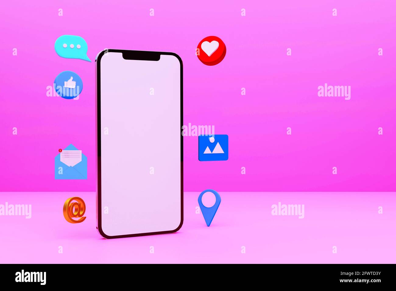 Icone moderne dei social media con emoji e Mobile Abstract 3D con sfondo rendering. Concetto di banner per la progettazione di sfondi Web Foto Stock