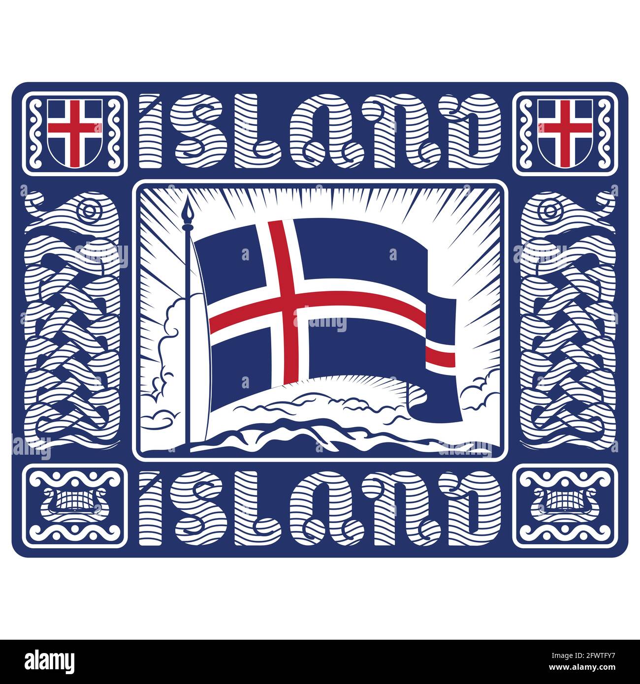Design vichingo scandinavo. Bandiera islandese e modello di Old Norse sotto forma di serpente mitologico, isolato su bianco, illustrazione vettoriale Illustrazione Vettoriale